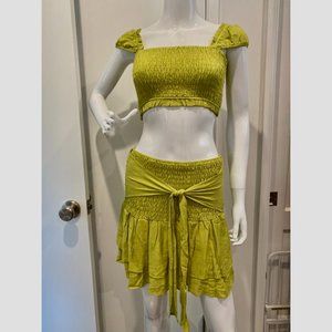 FASHION NOVA  chartreuse 2 pc gauzey set crop top + tiered skirt